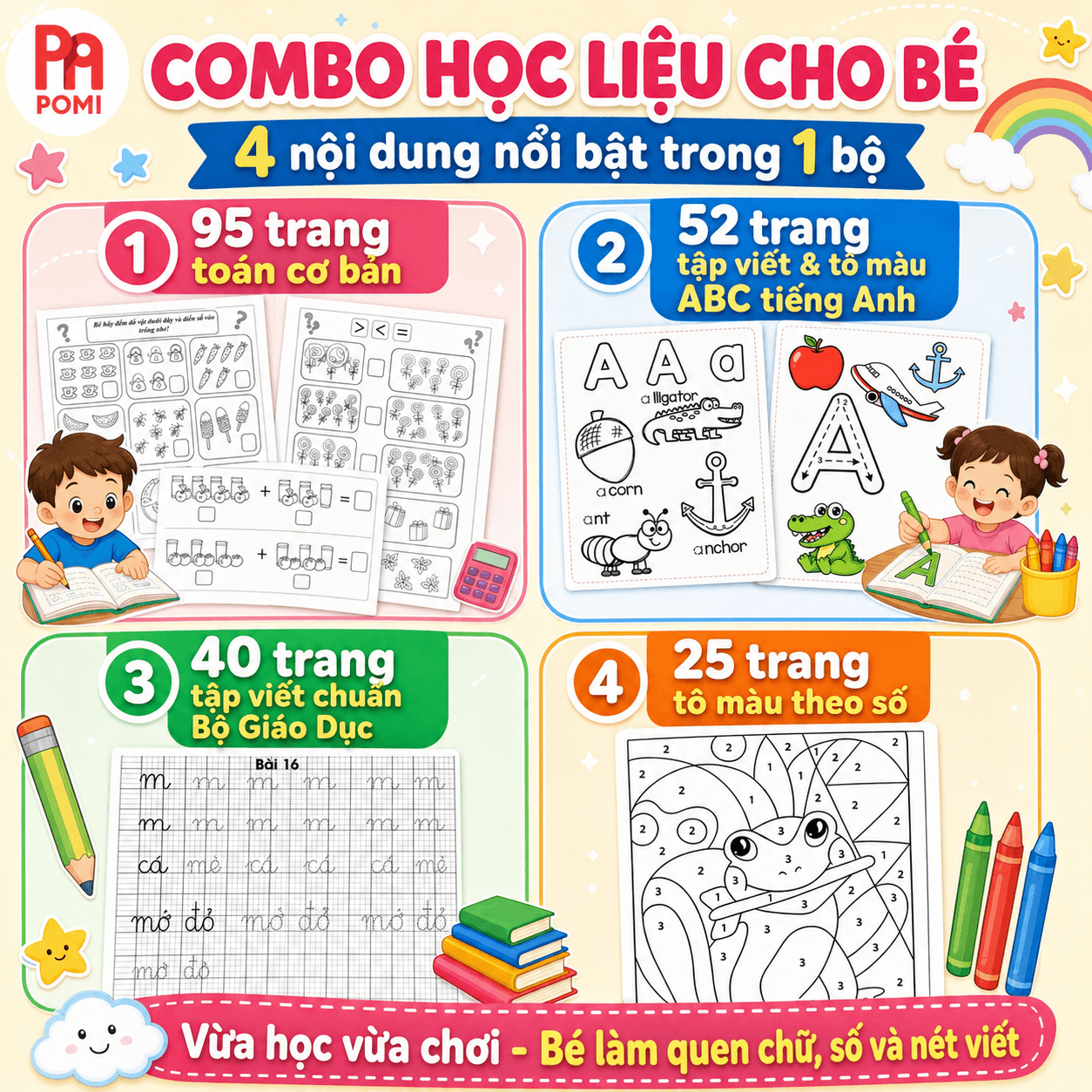 Combo học liệu cho bé gồm bài tập toán, ABC tiếng Anh và tranh tô màu động vật