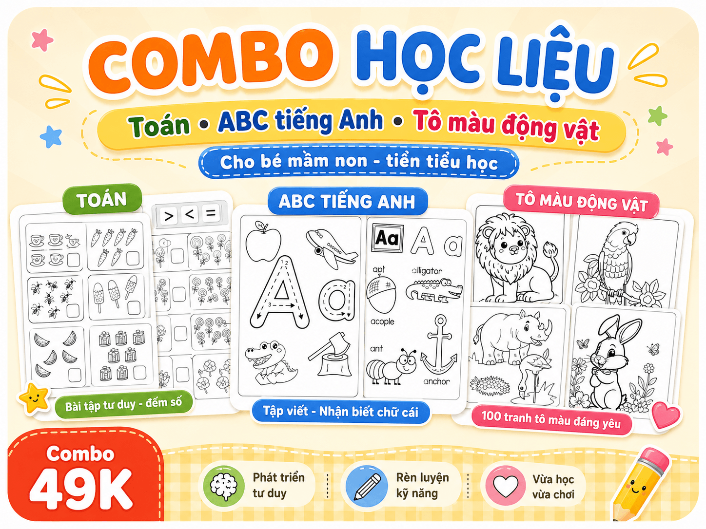 Combo học liệu cho bé gồm bài tập toán, ABC tiếng Anh và tranh tô màu động vật