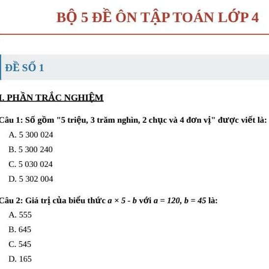 Đề bài tập toán lớp 4 tổng hợp